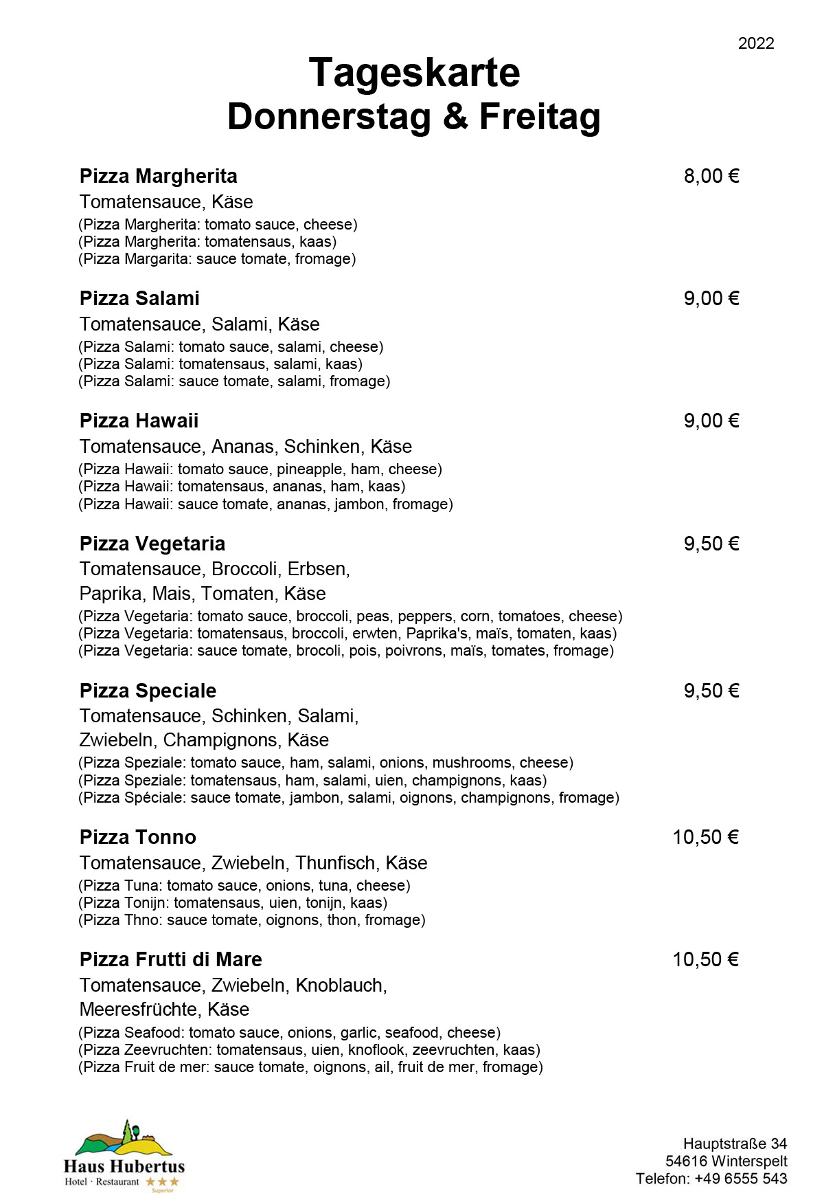 Hotel - Restaurant Haus Hubertus - Menu 2022 - Daily menu / Thursday and Friday