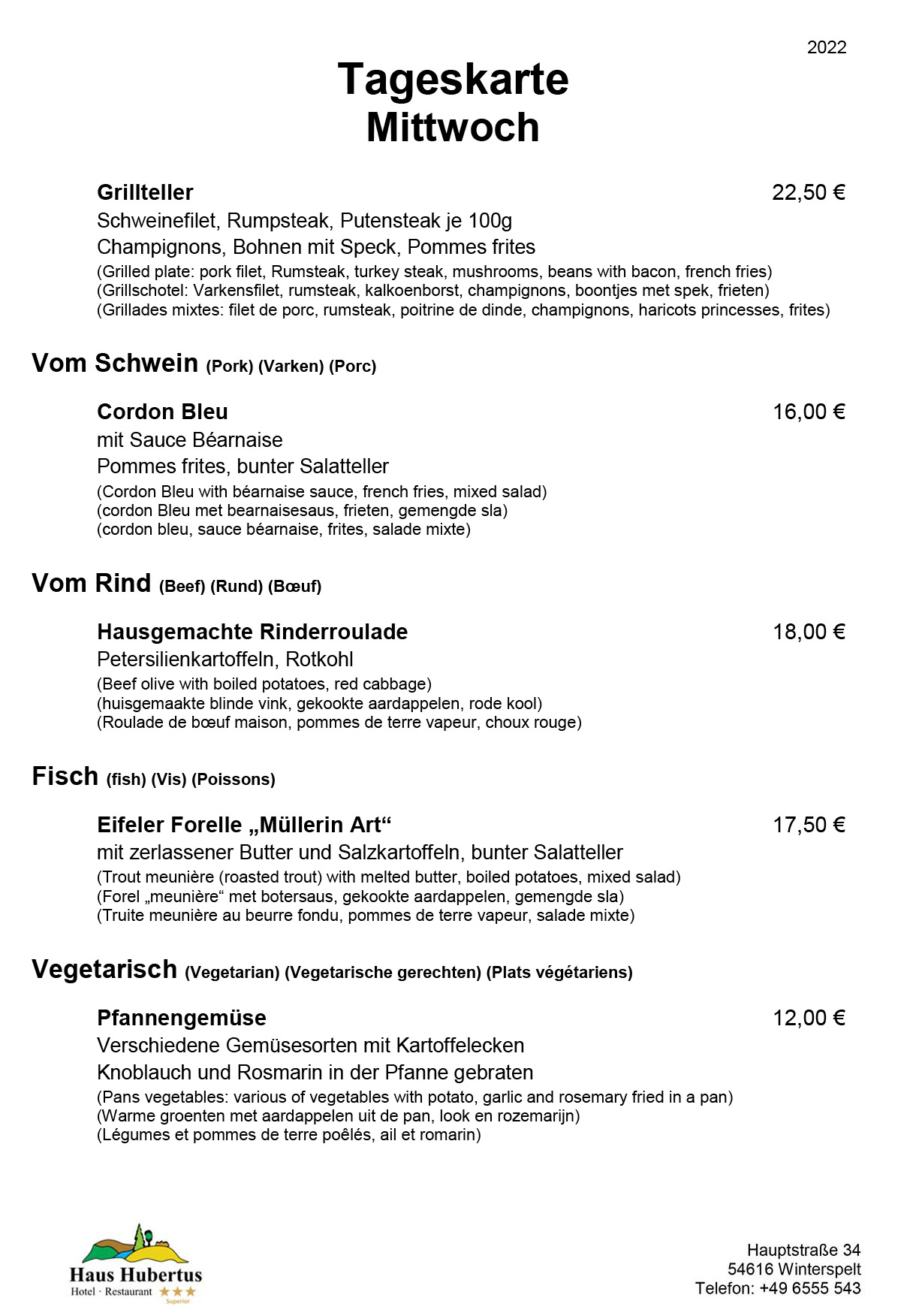 Hotel - Restaurant Haus Hubertus - Speisekarte 2022 - Tageskarte / Mittwoch