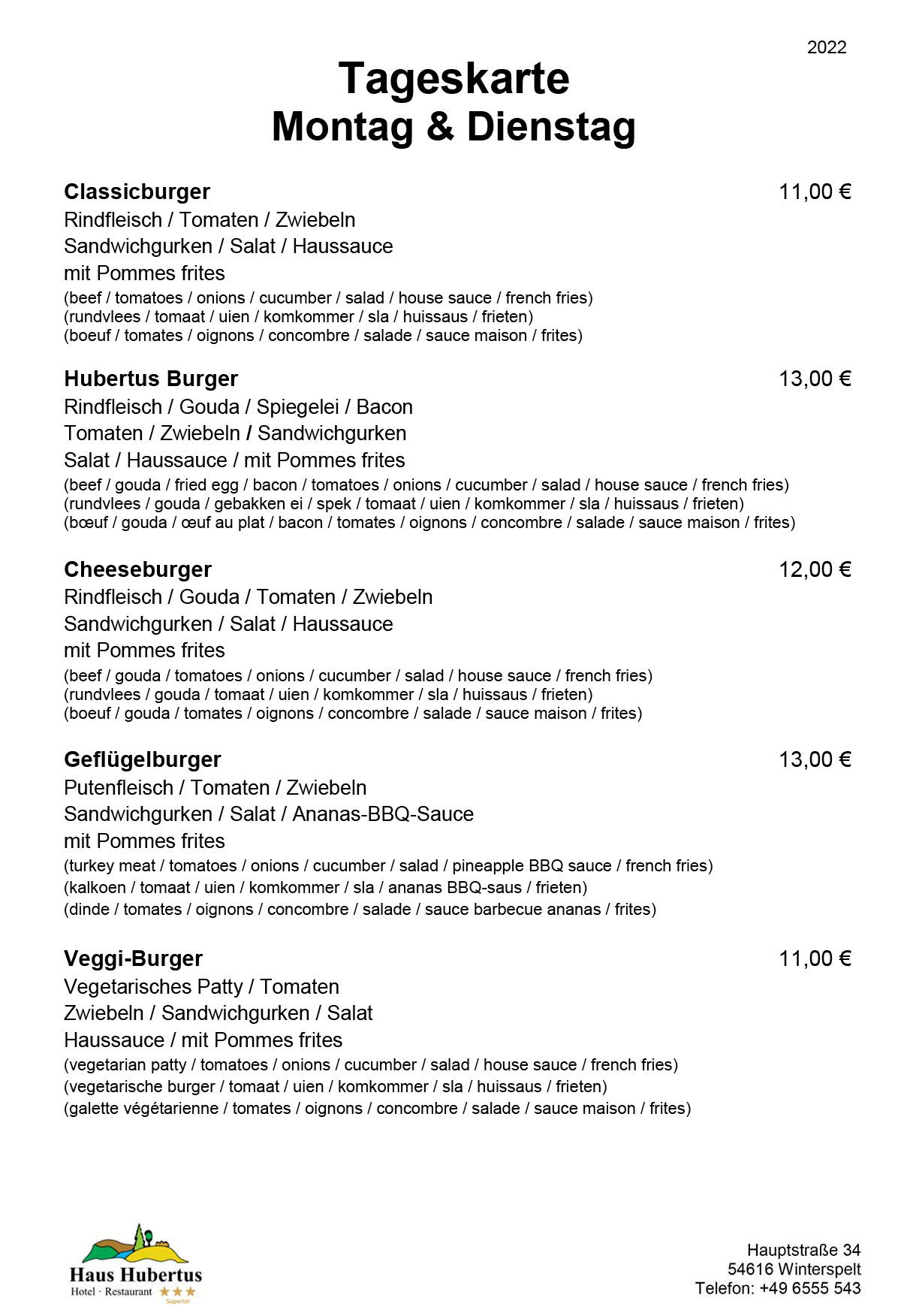 Hotel - Restaurant Haus Hubertus - Speisekarte 2022 - Tageskarte / Montag und Dienstag
