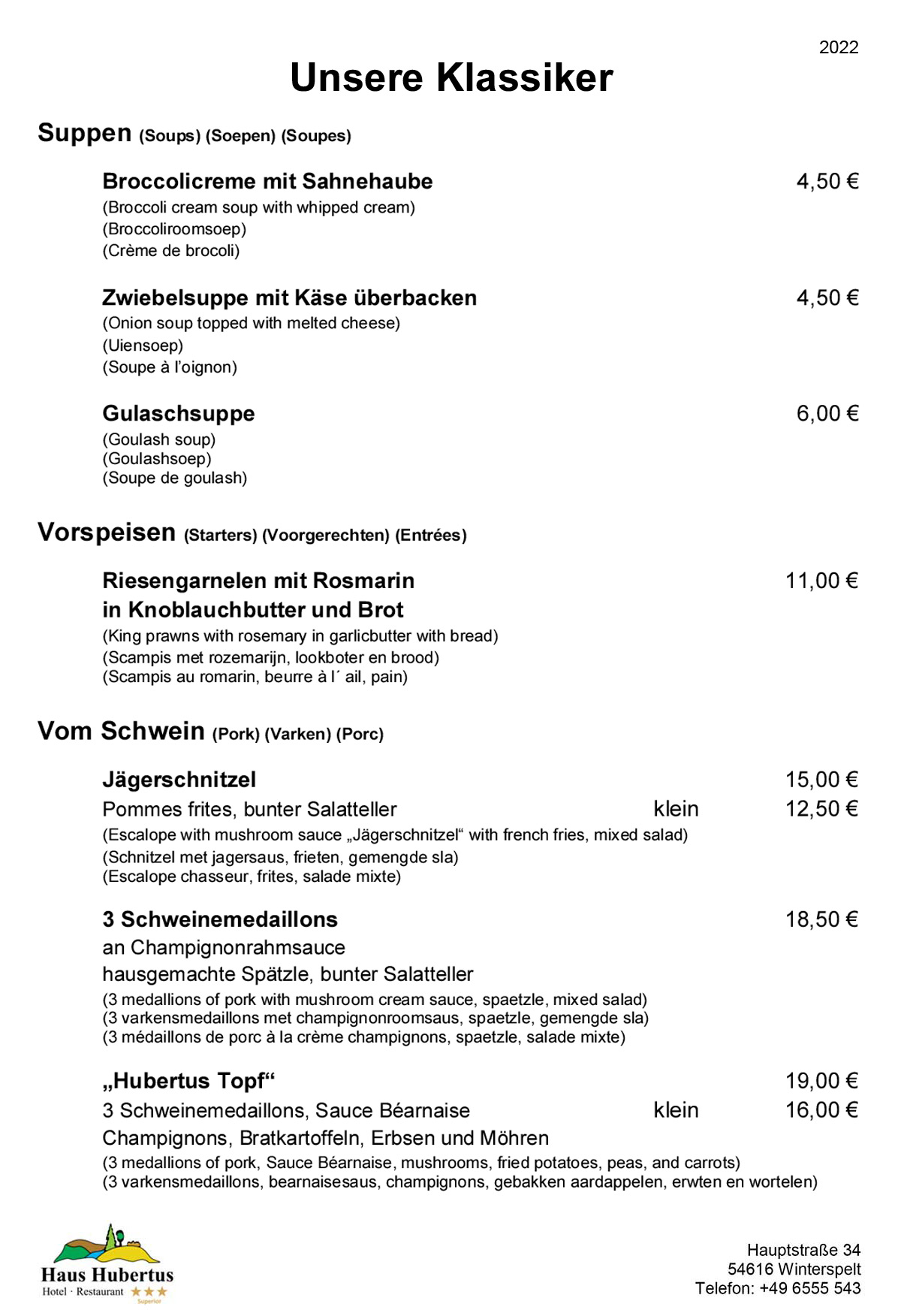 Hotel - Restaurant Haus Hubertus - Speisekarte 07/2022 - Die Klassiker - Seite 1