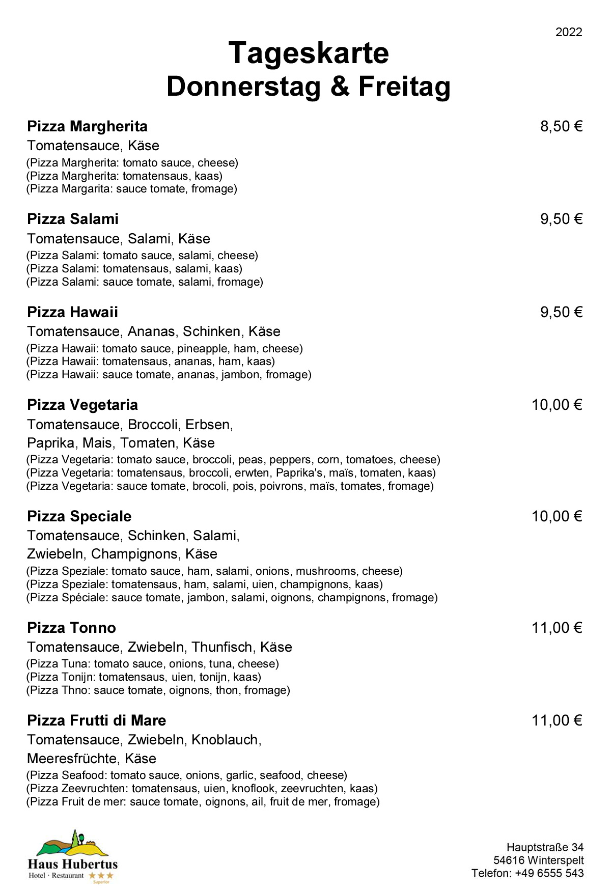 Hotel - Restaurant Haus Hubertus - Speisekarte 07/2022 - Tageskarte / Donnerstag und Freitag