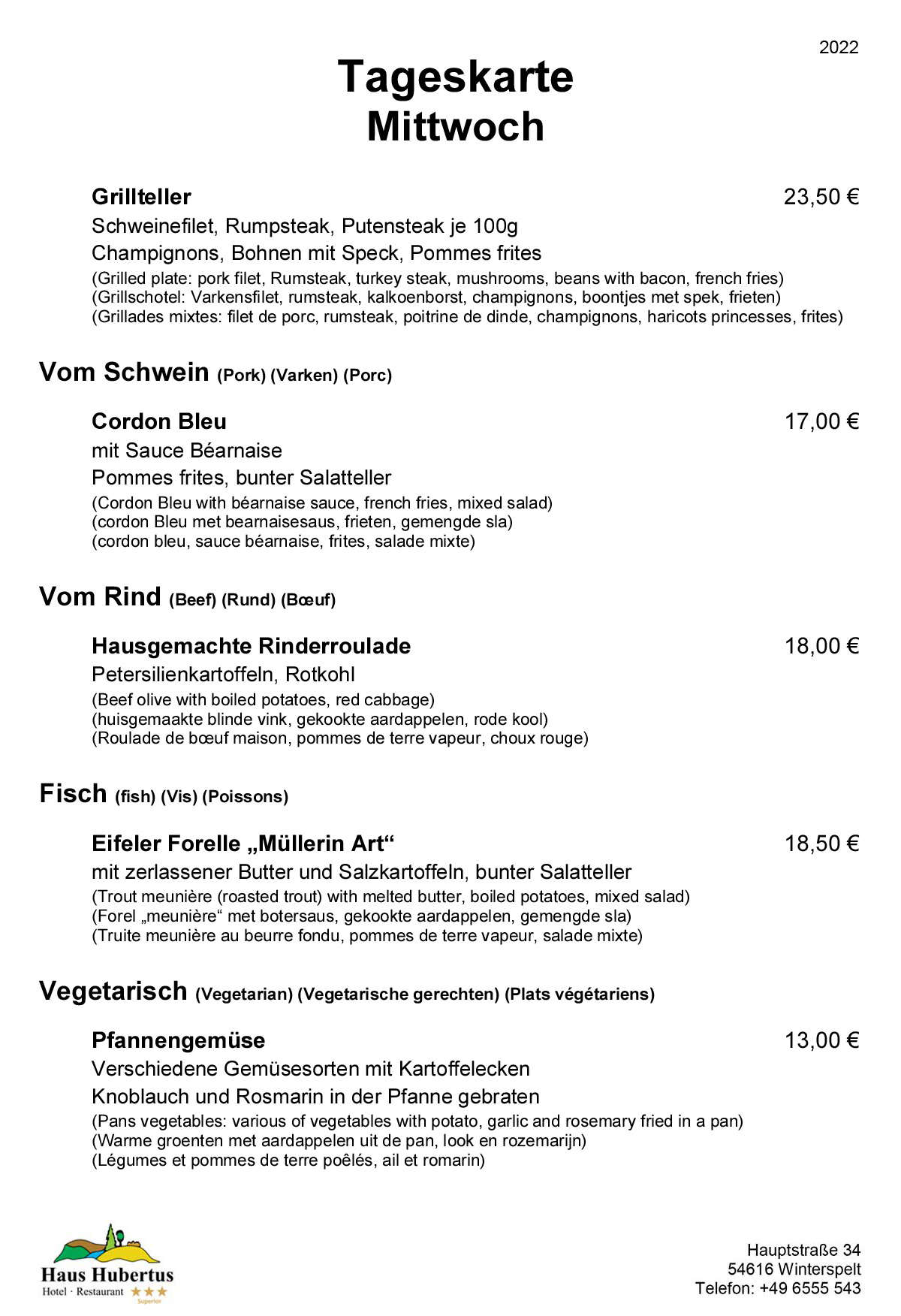 Hotel - Restaurant Haus Hubertus - Speisekarte 07/2022 - Tageskarte / Mittwoch