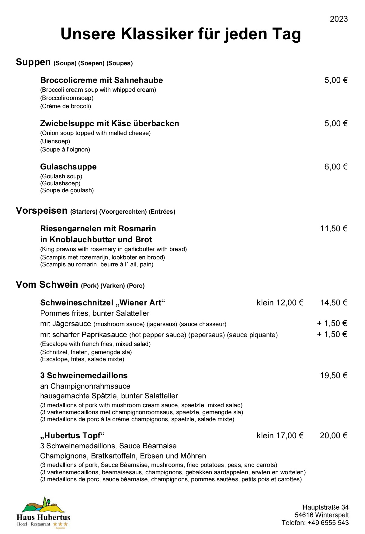 Hotel - Restaurant Haus Hubertus - Speisekarte 02/2023 - Die Klassiker - Seite 1