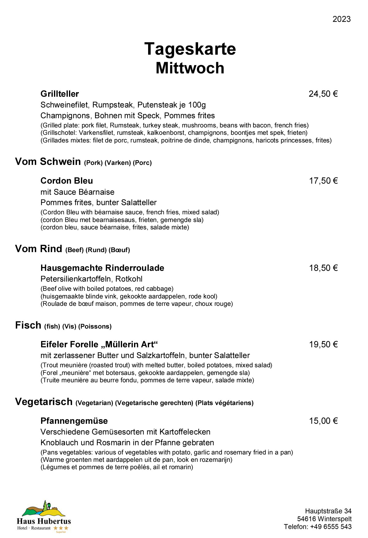 Hotel - Restaurant Haus Hubertus - Speisekarte 02/2023 - Tageskarte / Mittwoch