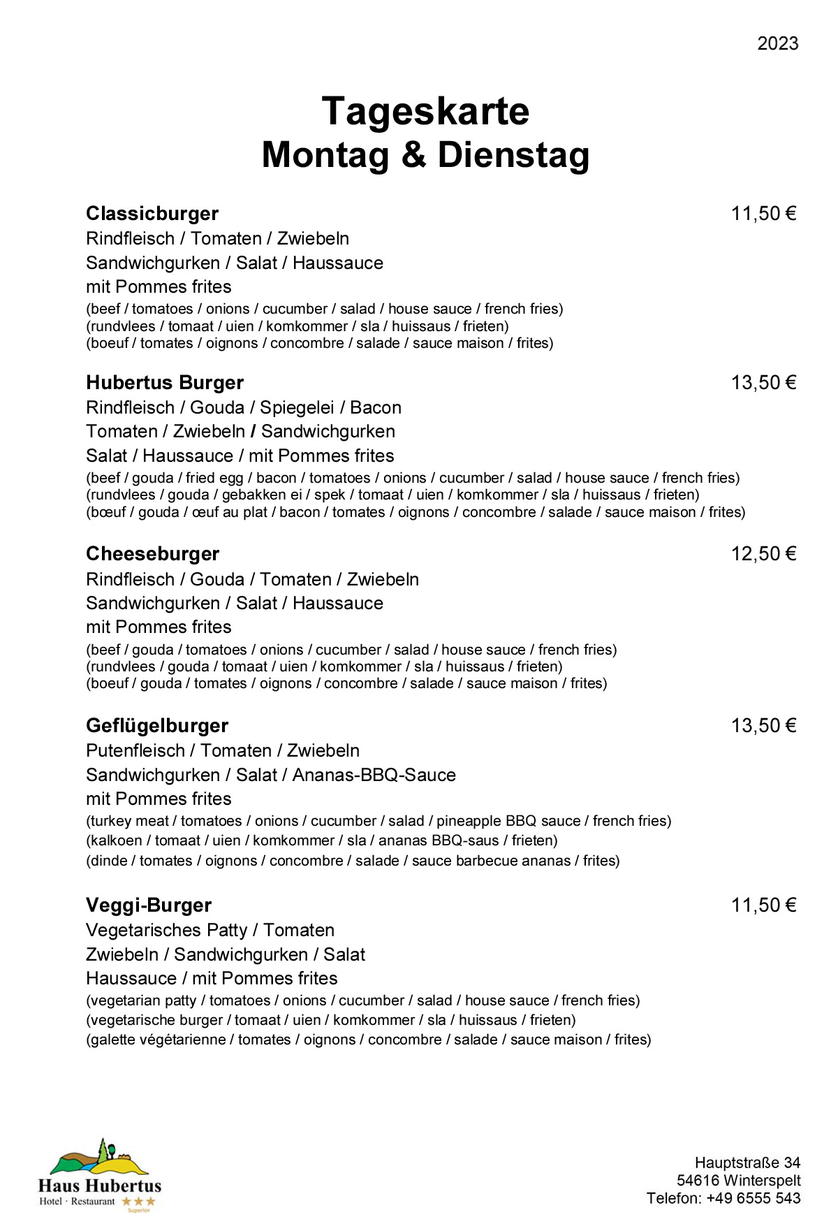 Hotel - Restaurant Haus Hubertus - Speisekarte 02/2023 - Tageskarte / Montat & Dienstag