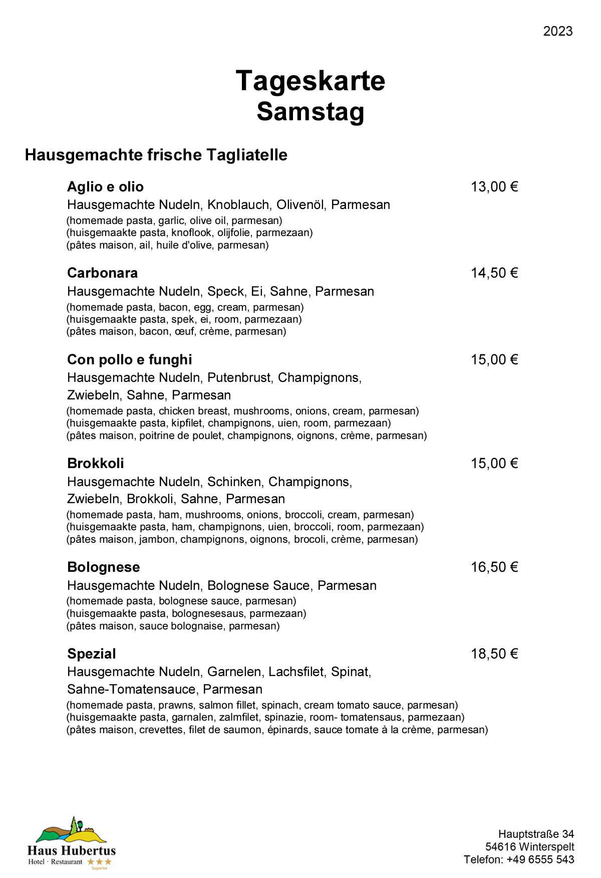 Hotel - Restaurant Haus Hubertus - Speisekarte 02/2023 - Tageskarte / Samstag