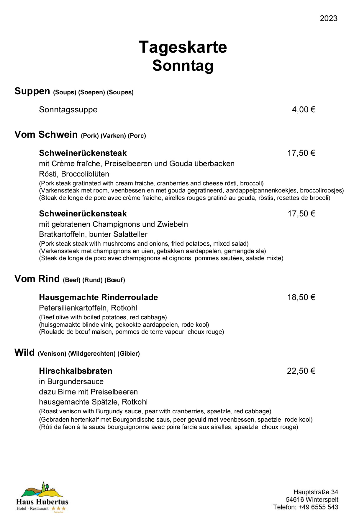 Hotel - Restaurant Haus Hubertus - Speisekarte 02/2023 - Tageskarte / Sonntag