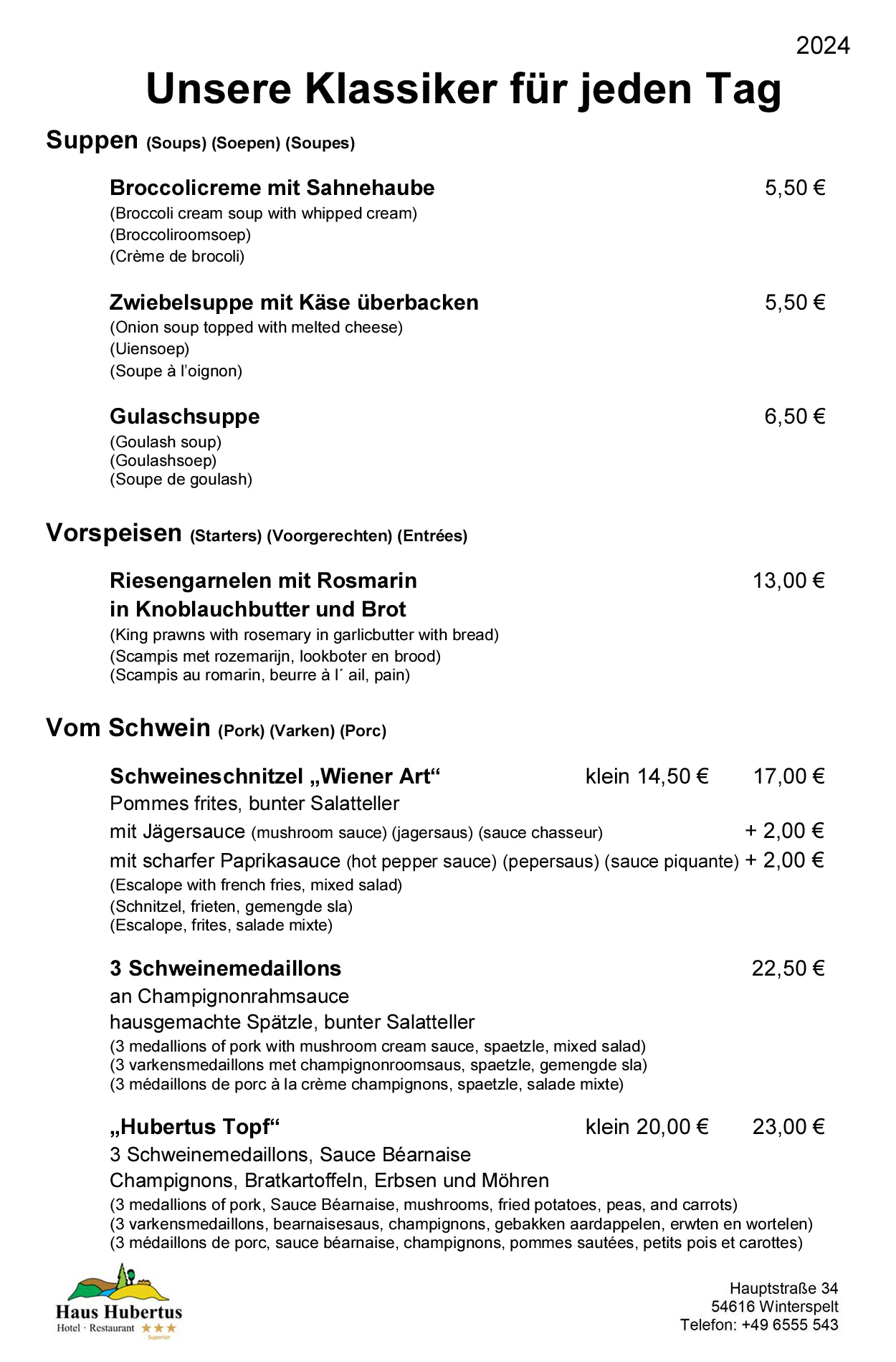 Hotel - Restaurant Haus Hubertus - Speisekarte 01/2024 - Die Klassiker - Seite 1
