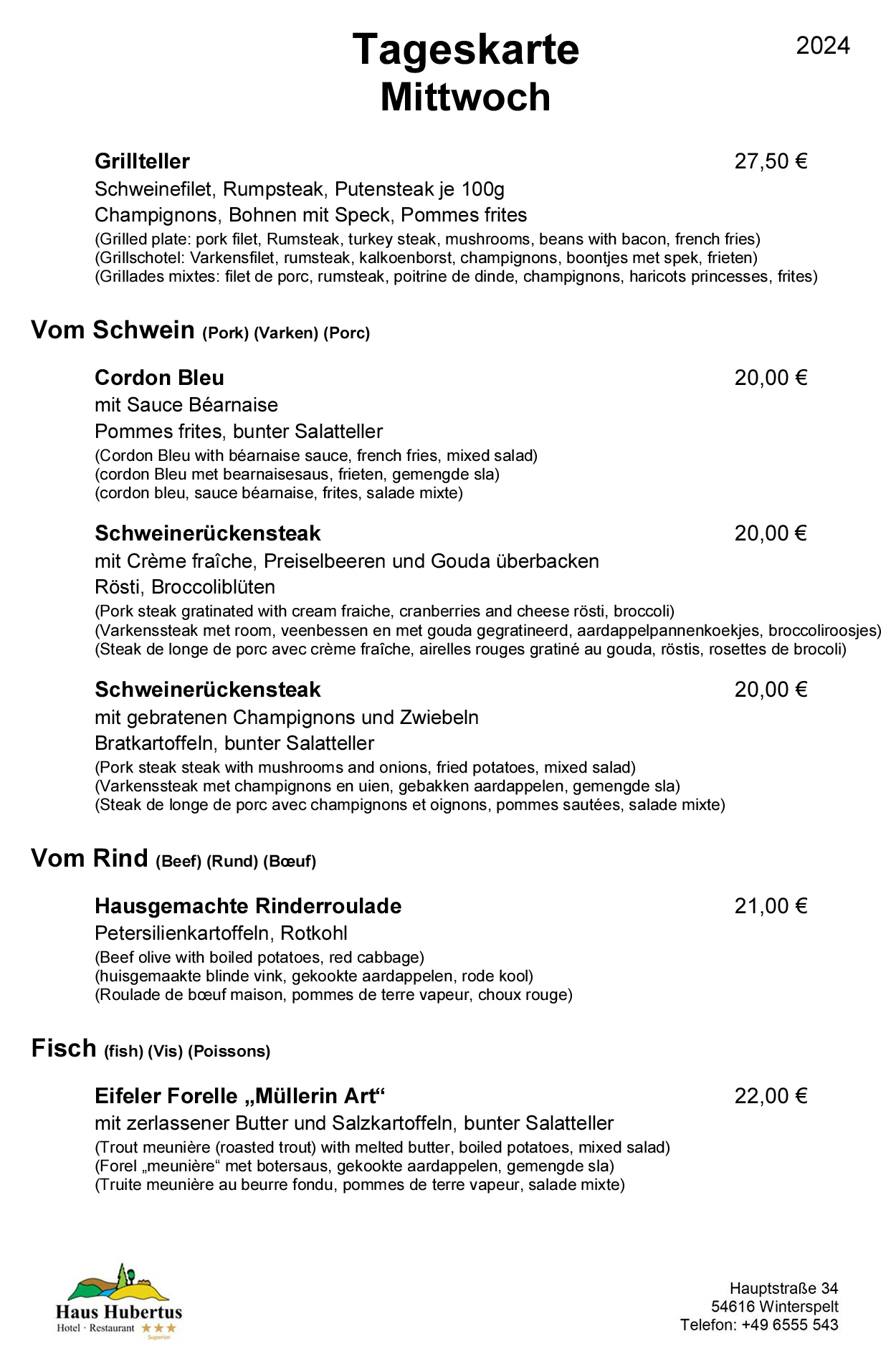 Hotel - Restaurant Haus Hubertus - Menu 01/2024 - Daily menu / Wednesday
