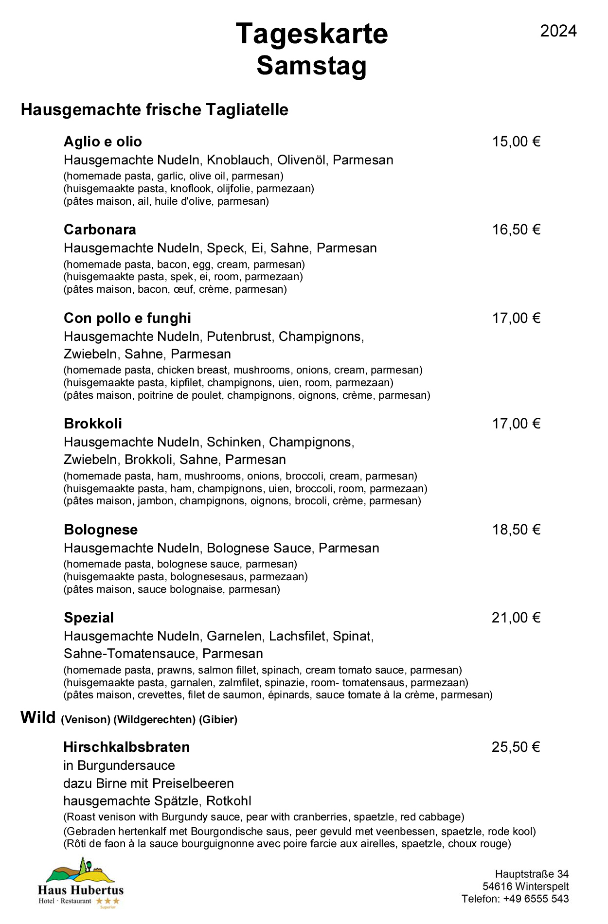 Hotel - Restaurant Haus Hubertus - Speisekarte 01/2024 - Tageskarte / Samstag